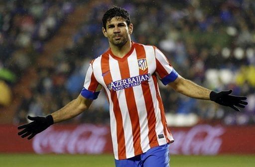 Atletico Madrid's Diego Costa celebrates after scoring in Valladolid on February 17, 2012